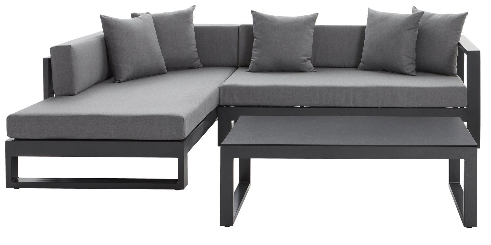 Amatio Lounge-Set (links) WILLIS Modernes Lounge-Set in L-Form mit grauen Kissen, Ansicht von vorne links.