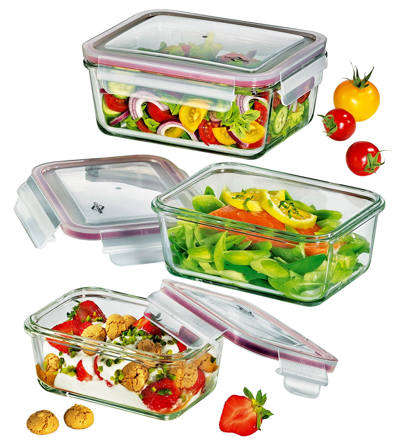 KÜCHENPROFI Vorratsdosenset Glas 3tlg. Dreiteiliges Vorratsdosenset aus Glas mit transparenten Deckeln, gefüllt mit frischen Lebensmitteln, aus der Vogelperspektive.