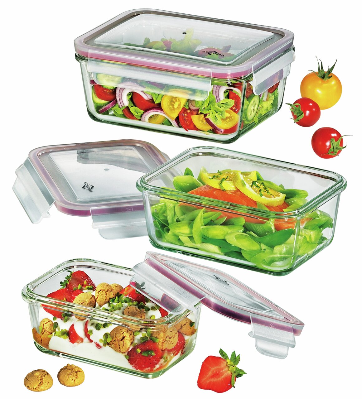 KÜCHENPROFI Vorratsdosenset Glas 3tlg. Dreiteiliges Vorratsdosenset aus Glas mit transparenten Deckeln, gefüllt mit frischen Lebensmitteln, aus der Vogelperspektive.