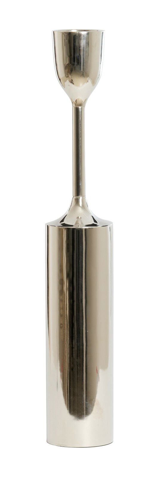 Eleganter, silberner Kerzenhalter aus Metall in zylindrischer Form, frontal abgebildet.