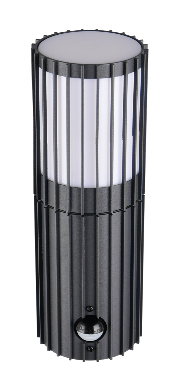Moderne schwarze Außenwandleuchte mit vertikalen Streben und integriertem Sensor, seitliche Perspektive