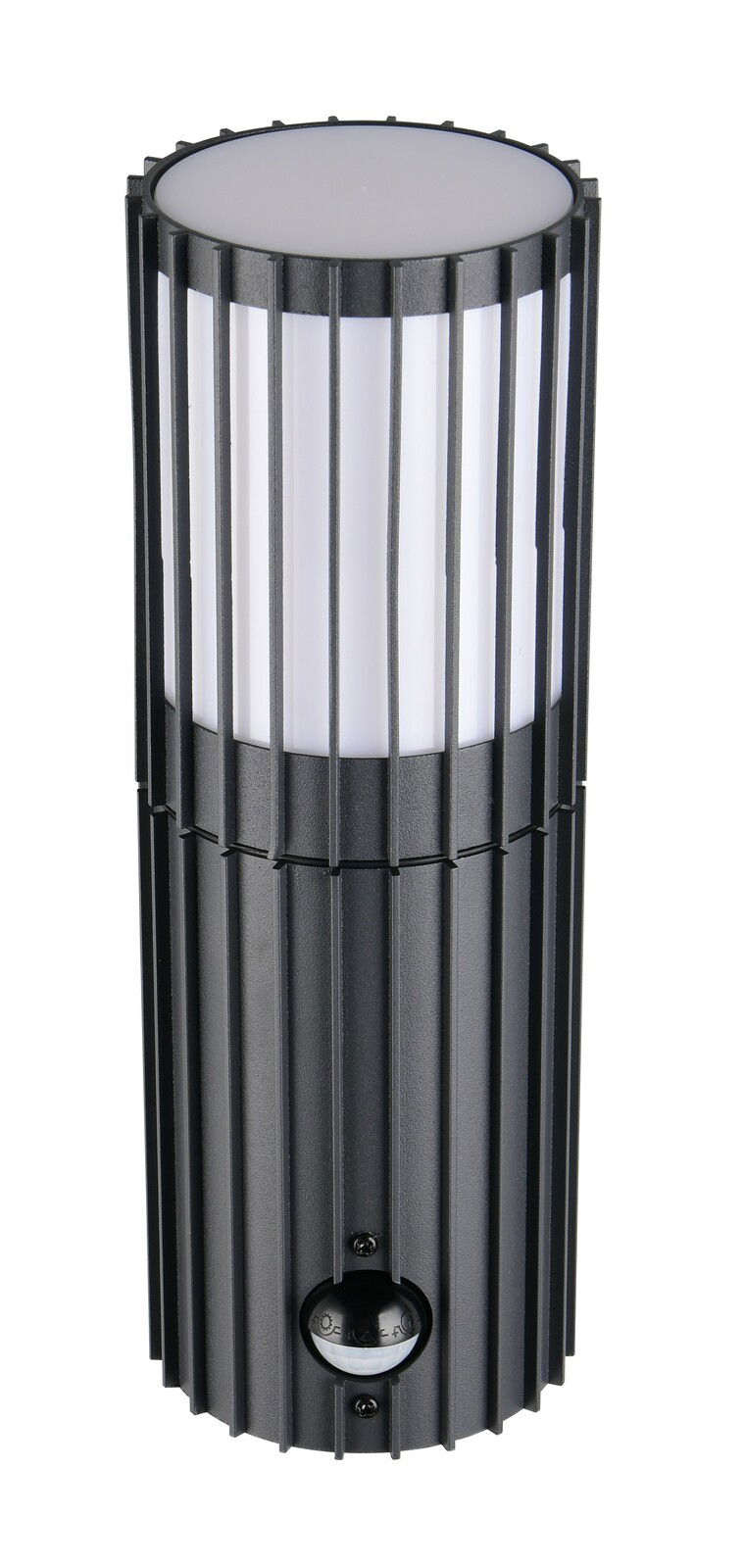 Moderne schwarze Außenwandleuchte mit vertikalen Streben und integriertem Sensor, seitliche Perspektive