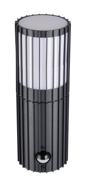 Moderne zwarte buitenwandlamp met verticale steunen en ingebouwde sensor, zijaanzicht