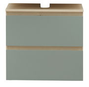 Frontansicht eines modernen Waschbeckenunterschranks mit zwei Schubladen in grauer Farbe und Holzoptik.