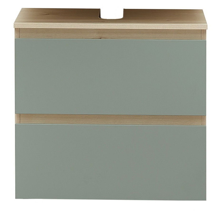 Frontansicht eines modernen Waschbeckenunterschranks mit zwei Schubladen in grauer Farbe und Holzoptik.