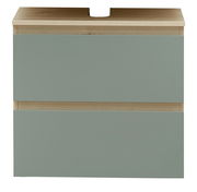 Frontansicht eines modernen Waschbeckenunterschranks mit zwei Schubladen in grauer Farbe und Holzoptik.