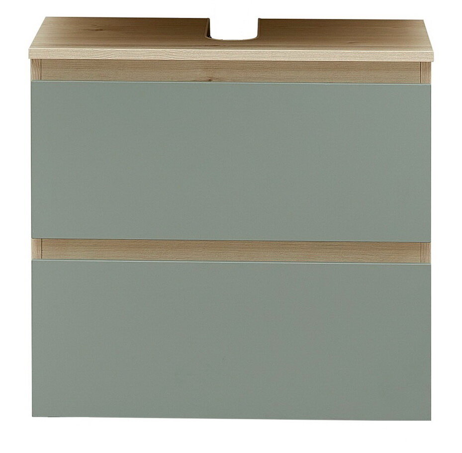 Frontansicht eines modernen Waschbeckenunterschranks mit zwei Schubladen in grauer Farbe und Holzoptik.