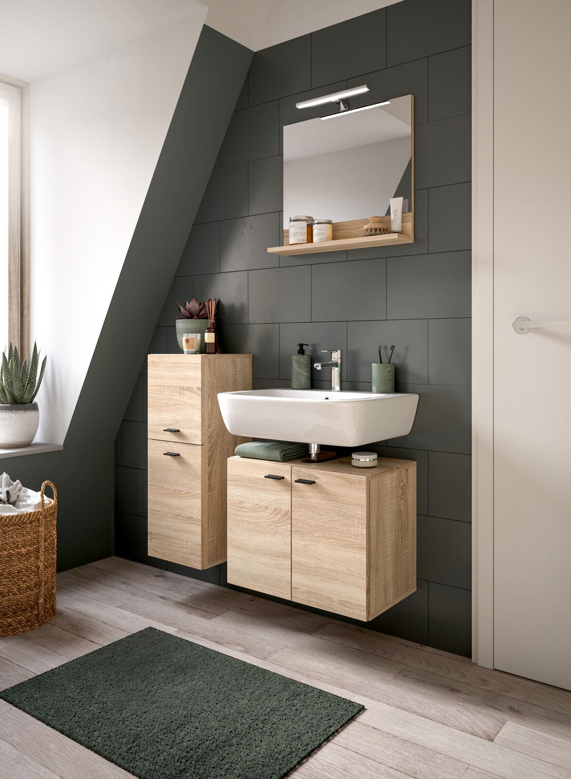 MID.YOU Badkombination BOSTON Moderne Badkombination mit Holzoptik, bestehend aus Waschbecken, Unterschrank und Spiegel, seitliche Perspektive.