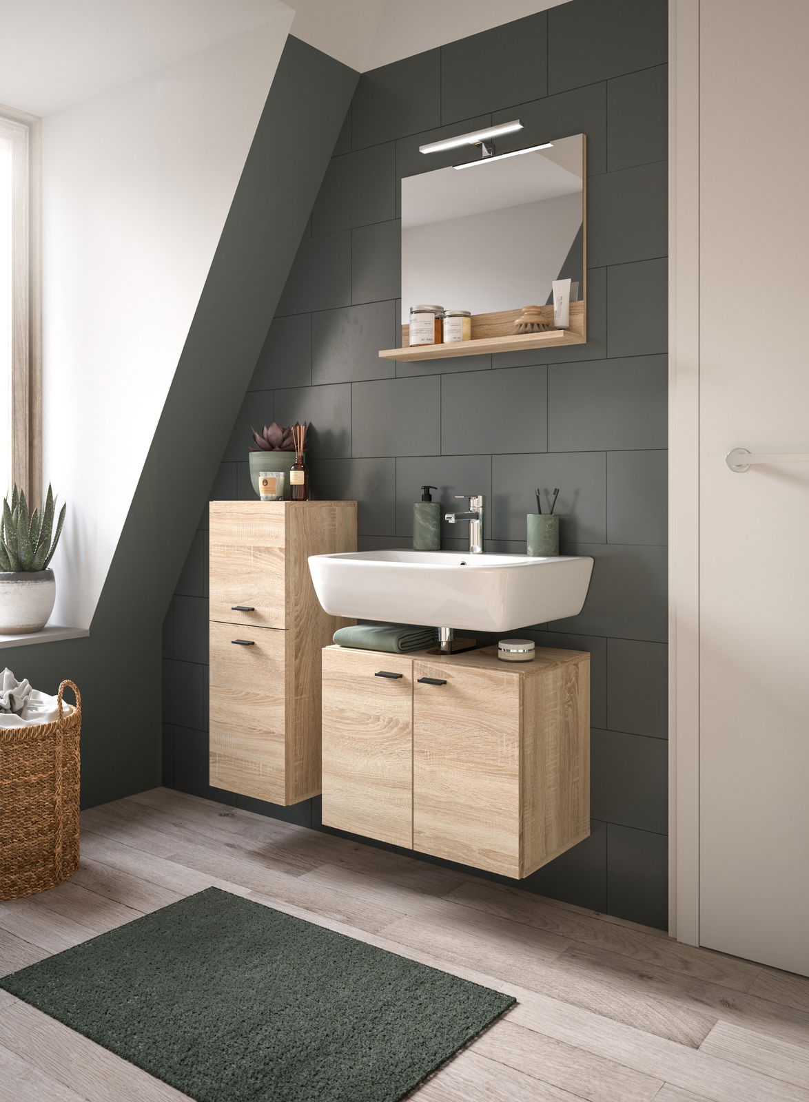 MID.YOU Badkombination BOSTON Moderne Badkombination mit Holzoptik, bestehend aus Waschbecken, Unterschrank und Spiegel, seitliche Perspektive.