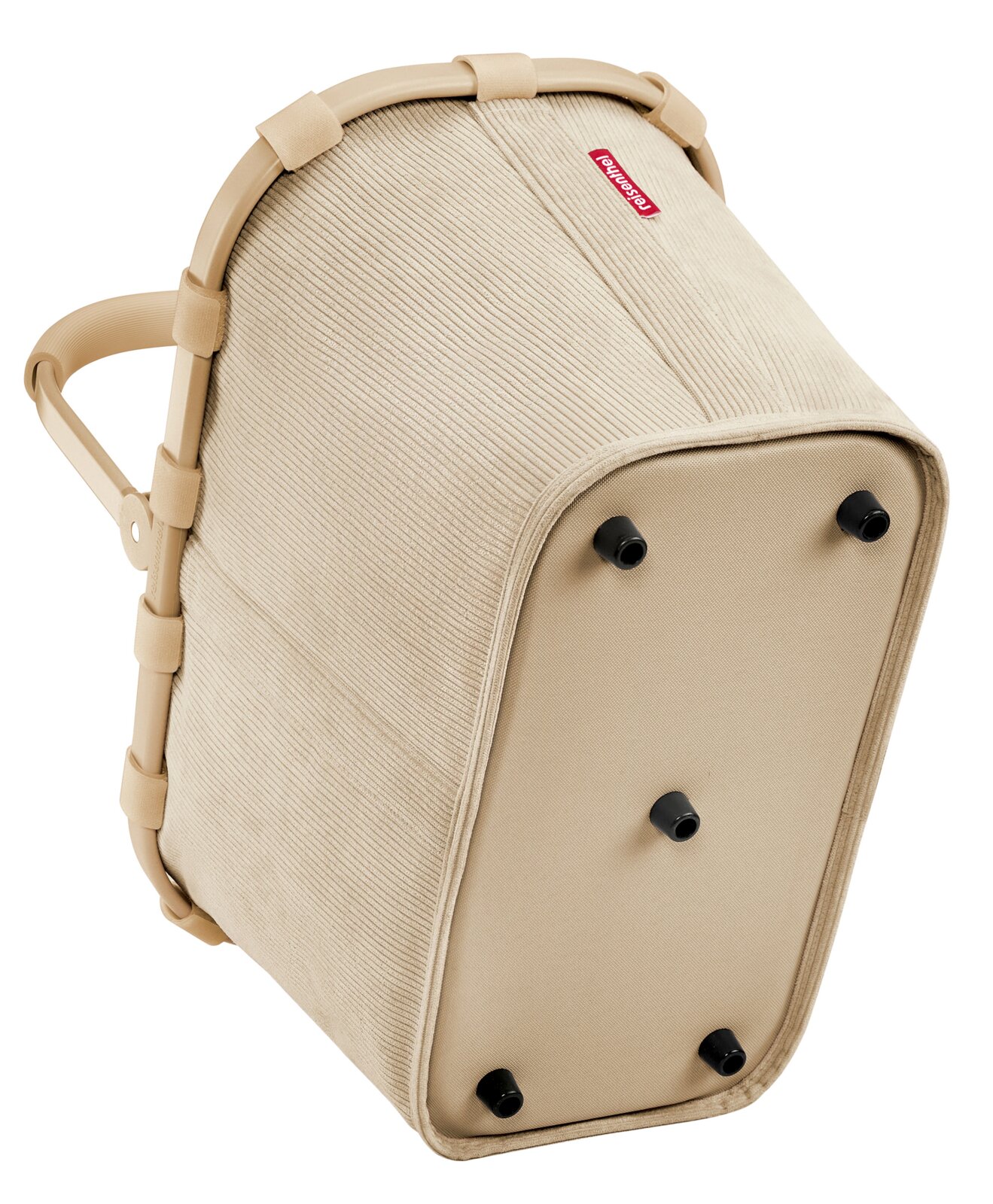 Beige boodschappenmand met stevige handvatten en een verstevigde bodem, zijaanzicht