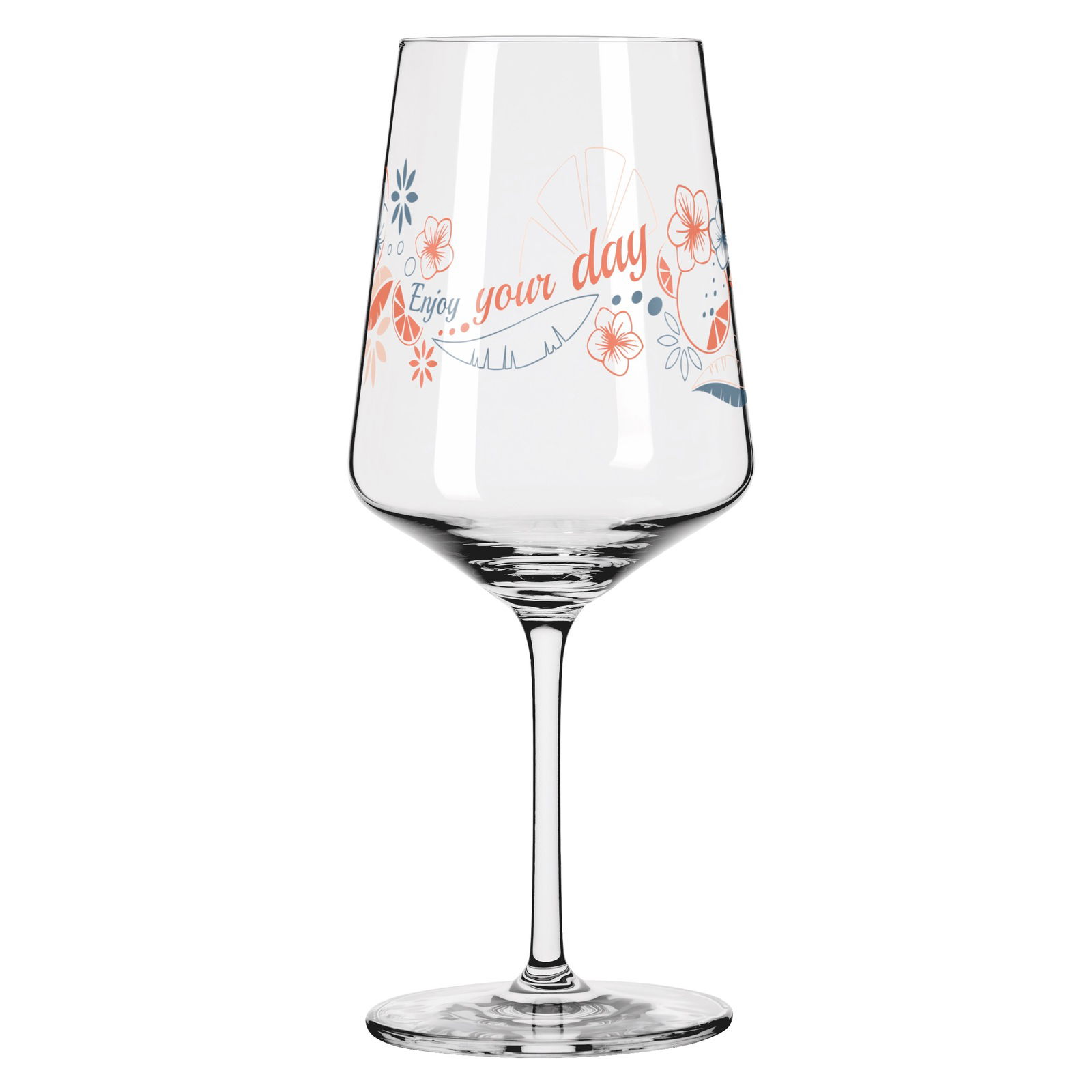 Weinglas mit floralem Design und Schriftzug 'Enjoy your day', seitliche Perspektive