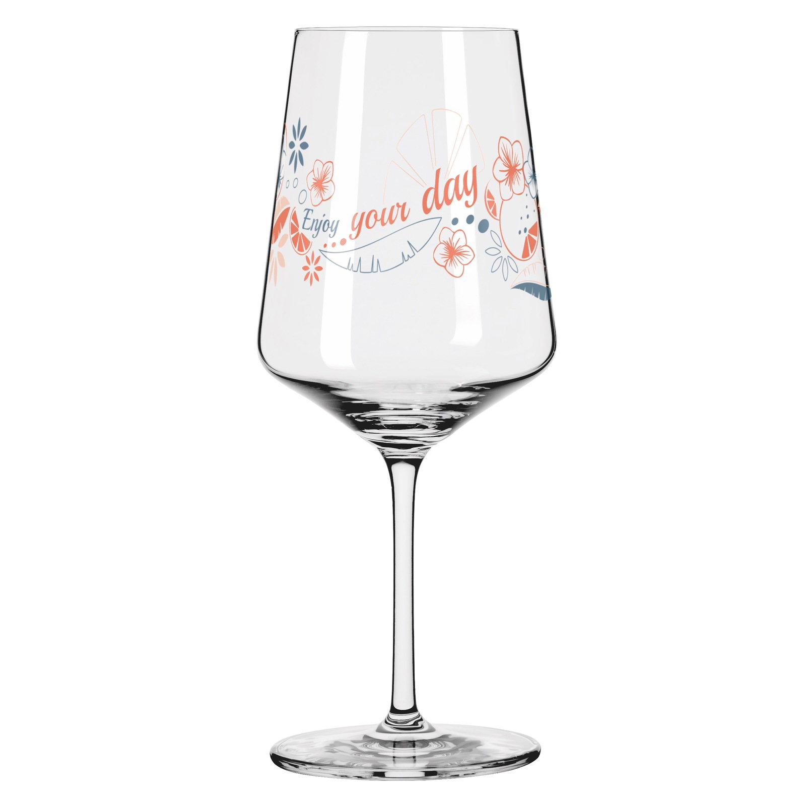 Weinglas mit floralem Design und Schriftzug 'Enjoy your day', seitliche Perspektive