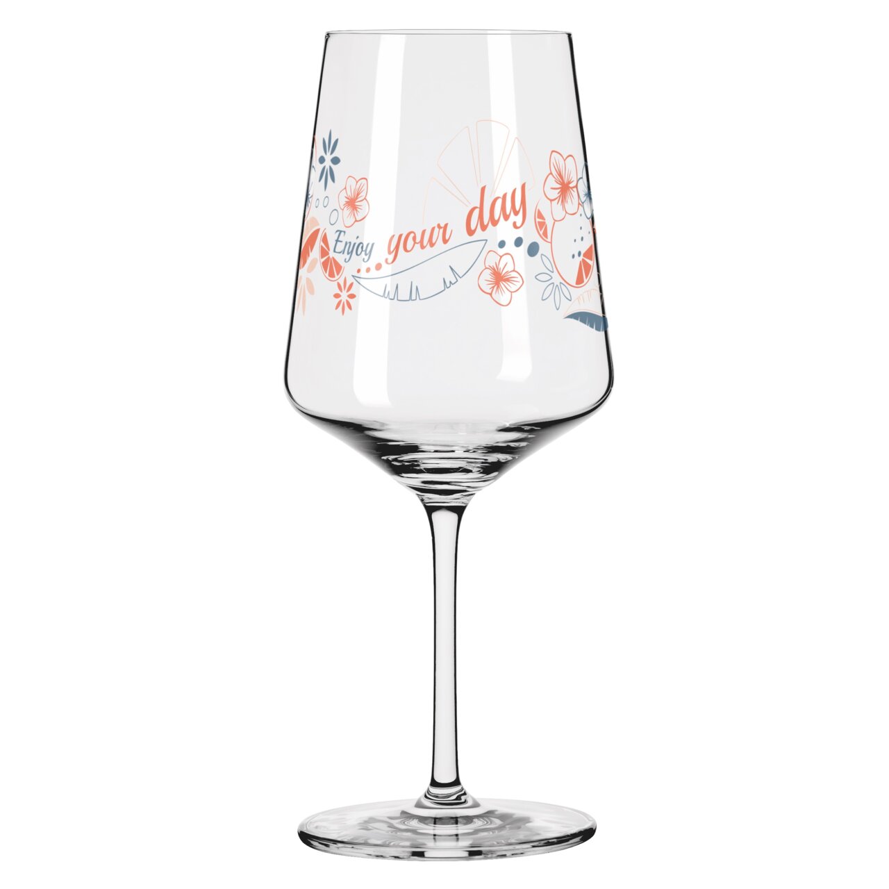 Wijnglas met bloemmotief en het opschrift 'Enjoy your day', zijaanzicht