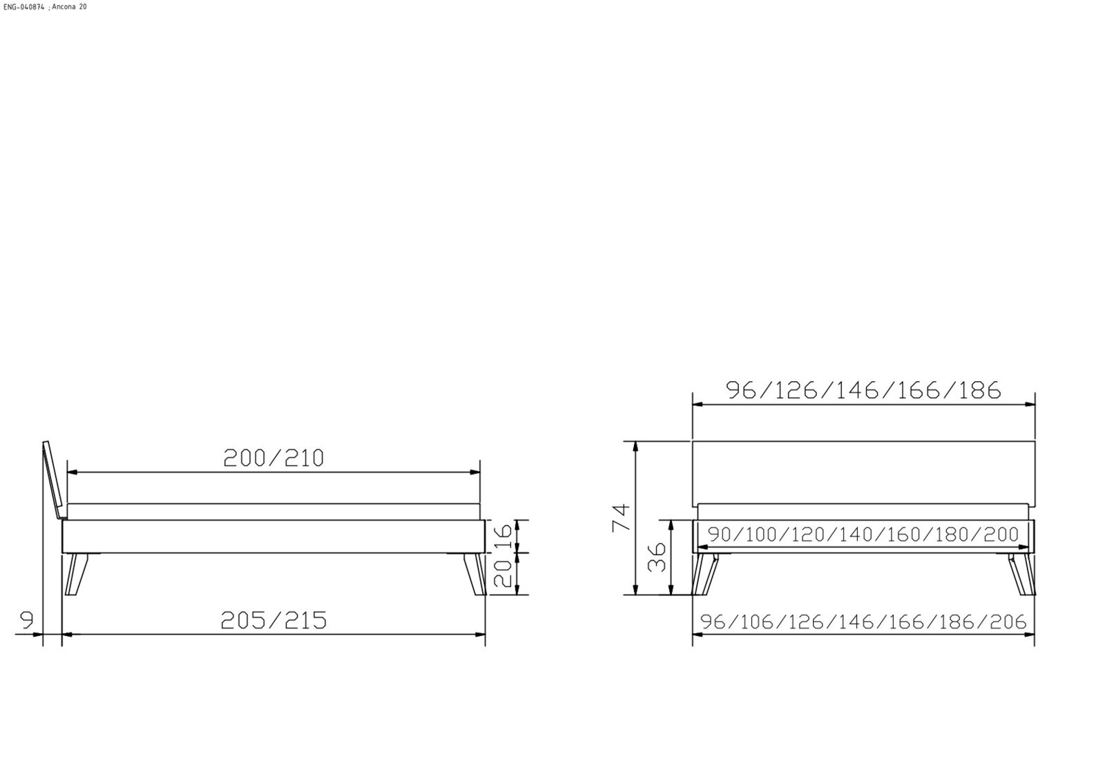 Technische tekening van een bedframe met zijaanzicht en vooraanzicht, inclusief afmetingen in centimeters.