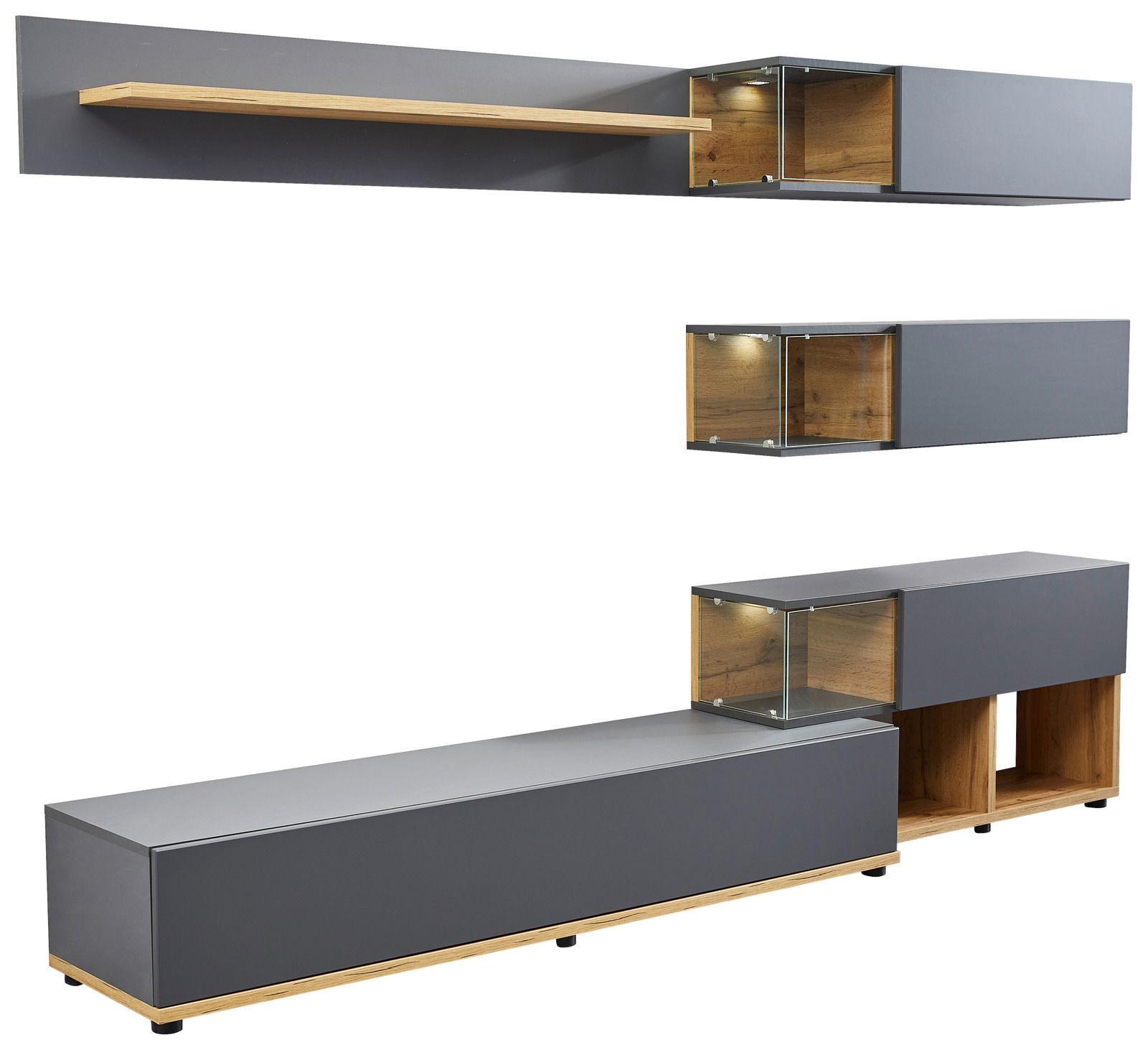 Moderne TV-Lowboard-Kombination in Grau mit Holzdetails und Glasvitrinen, seitliche Perspektive