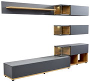 Moderne TV-Lowboard-Kombination in Grau mit Holzdetails und Glasvitrinen, seitliche Perspektive