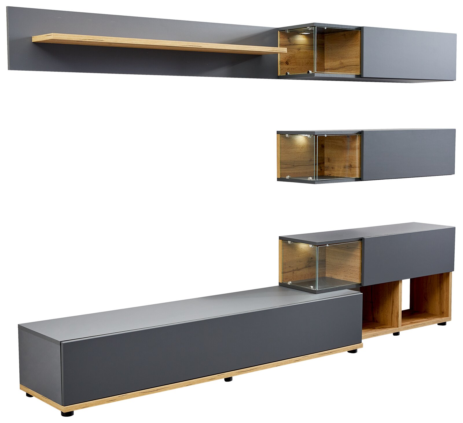 Moderne TV-Lowboard-Kombination in Grau mit Holzdetails und Glasvitrinen, seitliche Perspektive