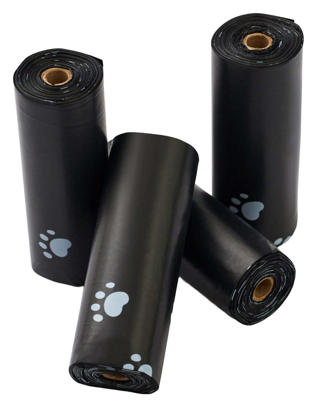 Vier schwarze Hygienebeutelrollen mit Pfotenabdruckmuster, aus einer leicht erhöhten Perspektive fotografiert.