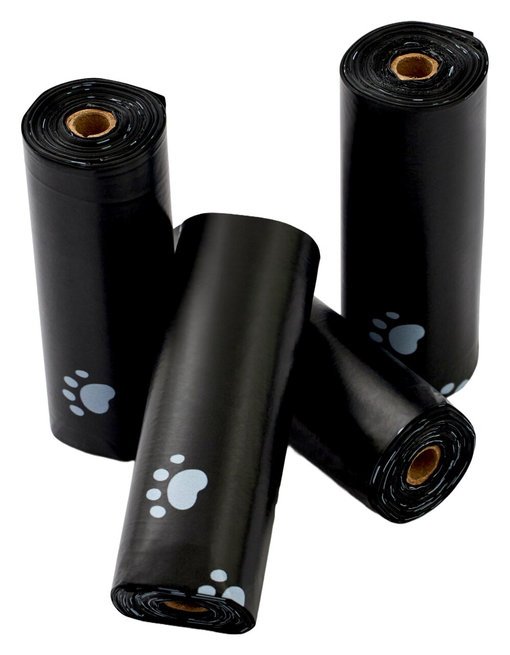 Vier schwarze Hygienebeutelrollen mit Pfotenabdruckmuster, aus einer leicht erhöhten Perspektive fotografiert.