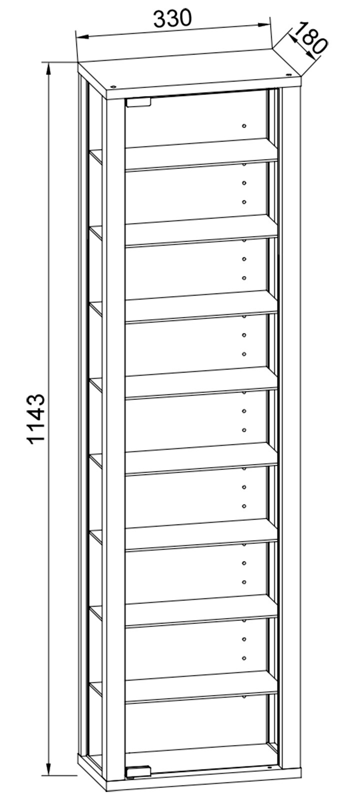 Technische Strichzeichnung eines schmalen Regals mit mehreren Einlegeböden, Maße ca. 1143 mm Höhe, 330 mm Breite und 180 mm Tiefe, dargestellt in leichter Frontansicht mit Perspektive von oben links.