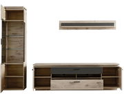 Wandkombination aus Holz mit offenem Schrank, TV-Board und Wandregal, frontal betrachtet.