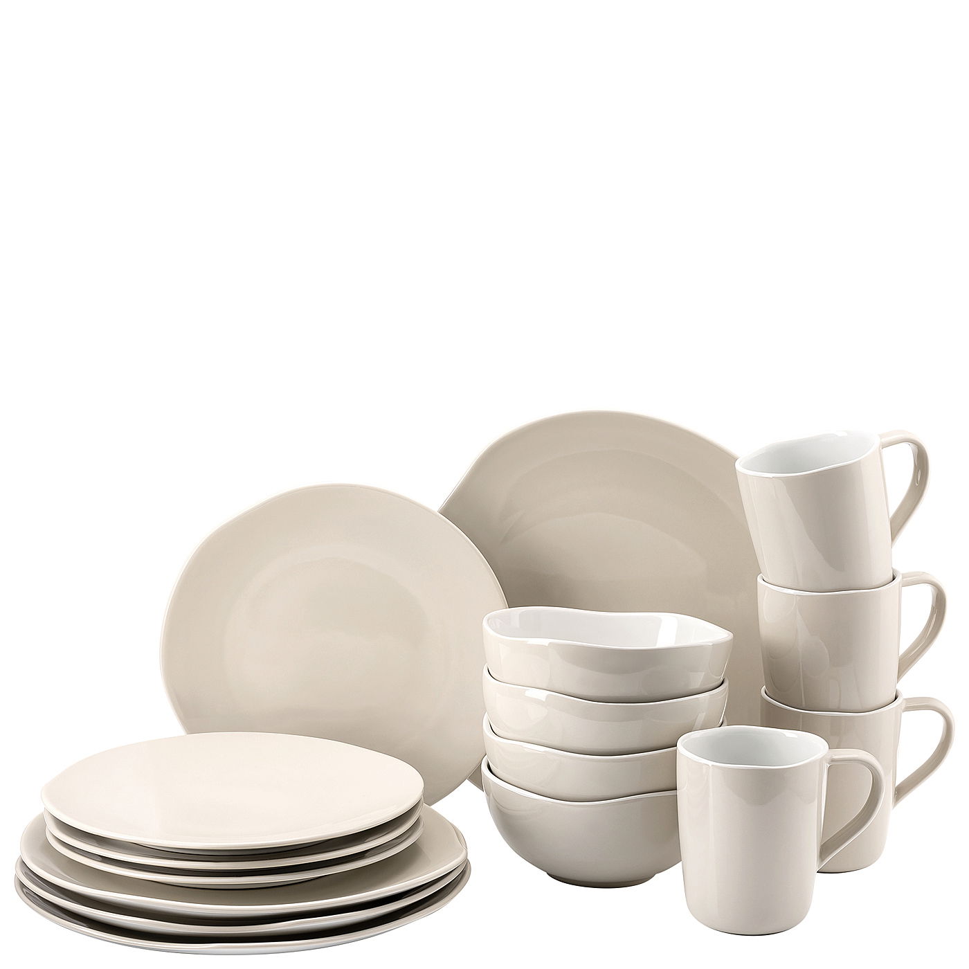 Kombiservice Cliff 16-tlg. in cremefarbenem Design, bestehend aus Tellern, Schalen und Tassen, aus seitlicher Perspektive fotografiert.