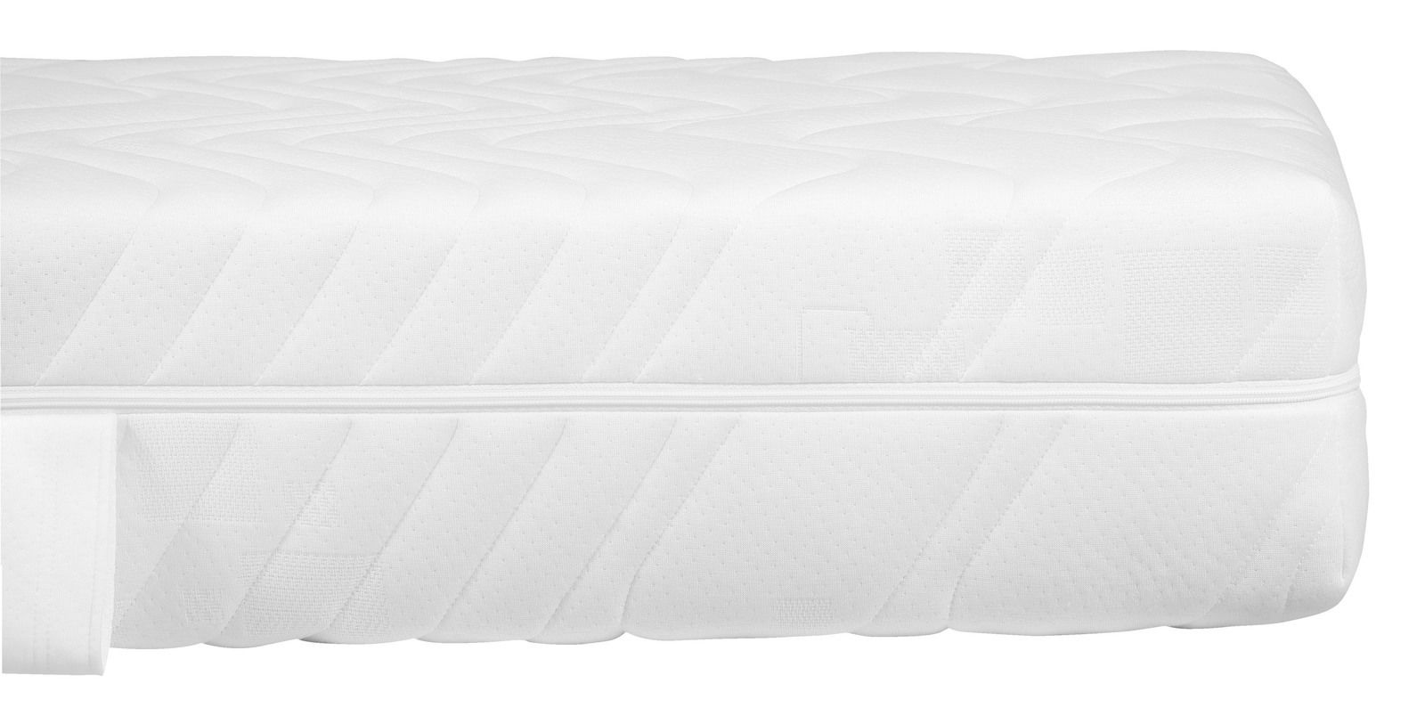 Seitenansicht einer weißen Taschenfederkernmatratze H3 mit gestepptem Bezug und Reißverschluss.