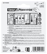 Rückseite der Verpackung von tesa Powerstrips Haken L Ecki, zeigt Anweisungen zur Befestigung und Entfernung, geeignet für glatte Oberflächen, maximale Tragkraft 2 kg.