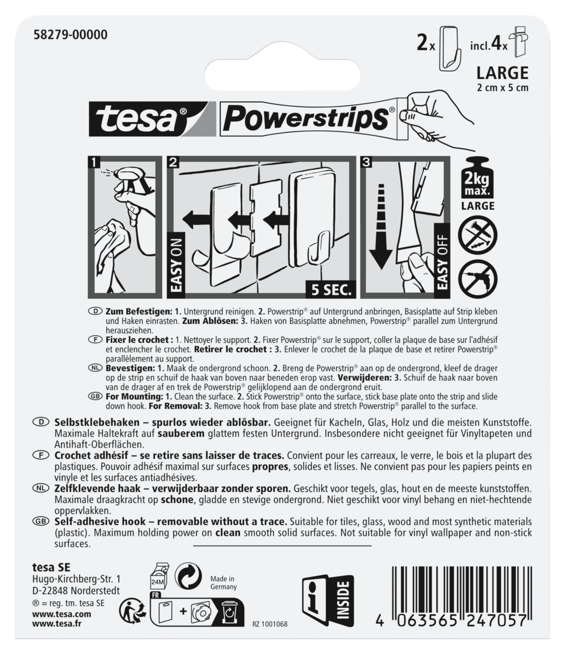 Rückseite der Verpackung von tesa Powerstrips Haken L Ecki, zeigt Anweisungen zur Befestigung und Entfernung, geeignet für glatte Oberflächen, maximale Tragkraft 2 kg.