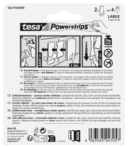 Rückseite der Verpackung von tesa Powerstrips Haken L Ecki, zeigt Anweisungen zur Befestigung und Entfernung, geeignet für glatte Oberflächen, maximale Tragkraft 2 kg.