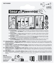 Achterkant van de verpakking van tesa Powerstrips Haken L Ecki, met instructies voor het bevestigen en verwijderen, geschikt voor gladde oppervlakken, maximaal draagvermogen 2 kg.