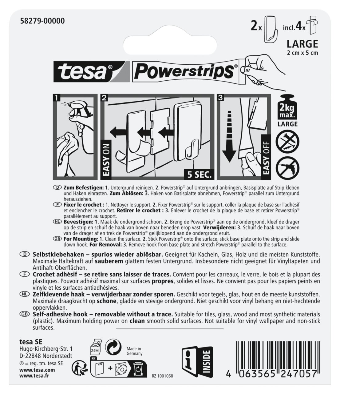Achterkant van de verpakking van tesa Powerstrips Haken L Ecki, met instructies voor het bevestigen en verwijderen, geschikt voor gladde oppervlakken, maximaal draagvermogen 2 kg.