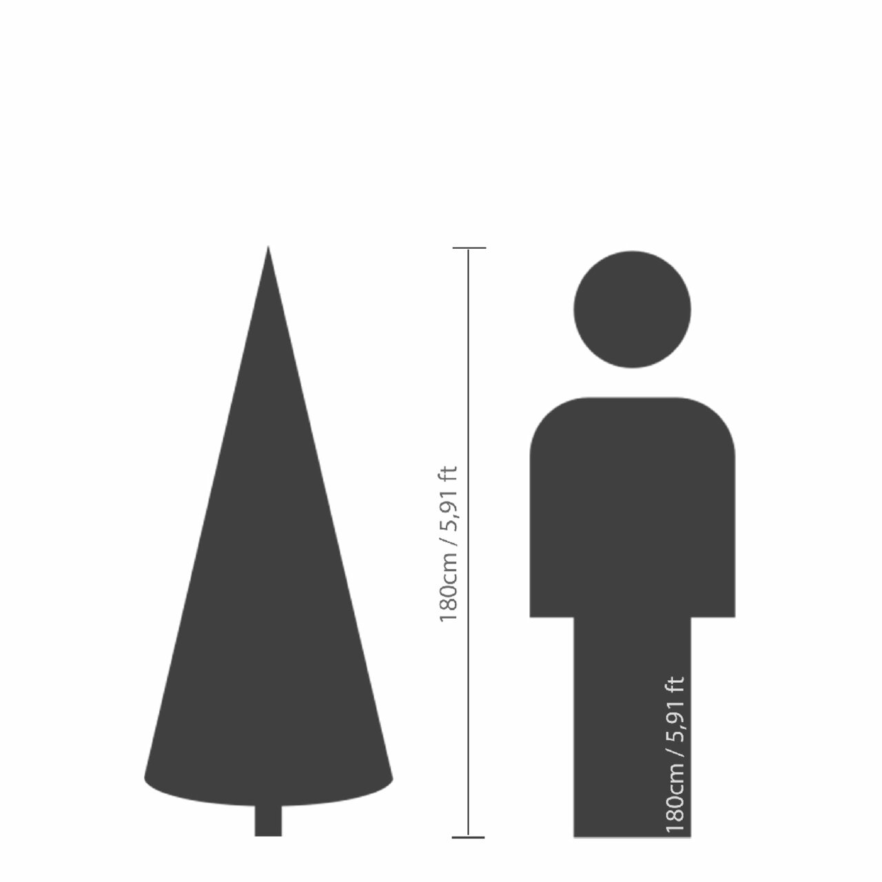 Afbeelding van een 180 cm hoge, met sneeuw bedekte kerstboom naast een menselijk silhouet van dezelfde grootte, gezien vanaf de zijkant.