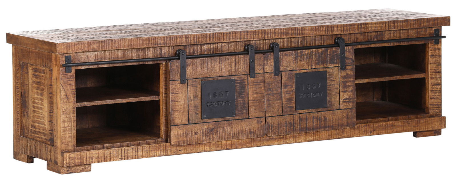Rustikales TV-Lowboard aus Holz mit Schiebetüren und Metallakzenten, seitliche Perspektive