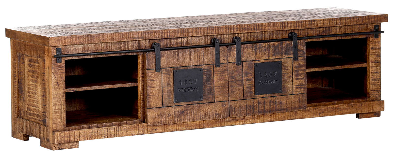 Rustikales TV-Lowboard aus Holz mit Schiebetüren und Metallakzenten, seitliche Perspektive