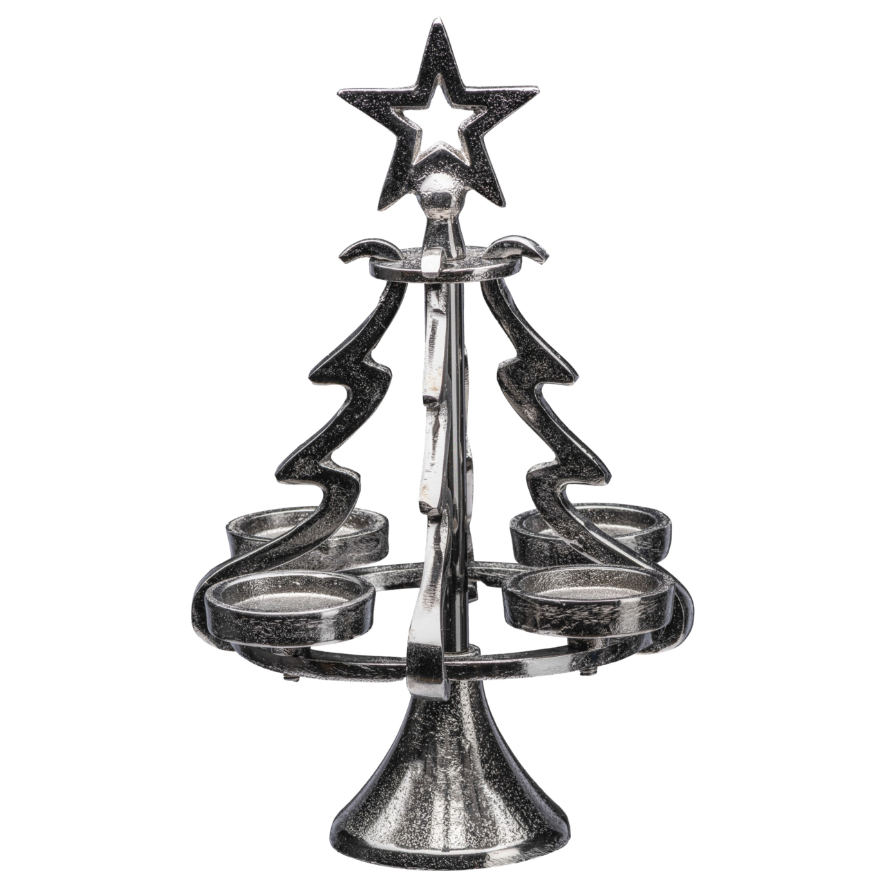 Metallischer Teelichthalter in Form eines Tannenbaums mit Stern an der Spitze, frontal betrachtet.