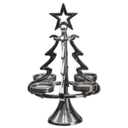 Metallischer Teelichthalter in Form eines Tannenbaums mit Stern an der Spitze, frontal betrachtet.
