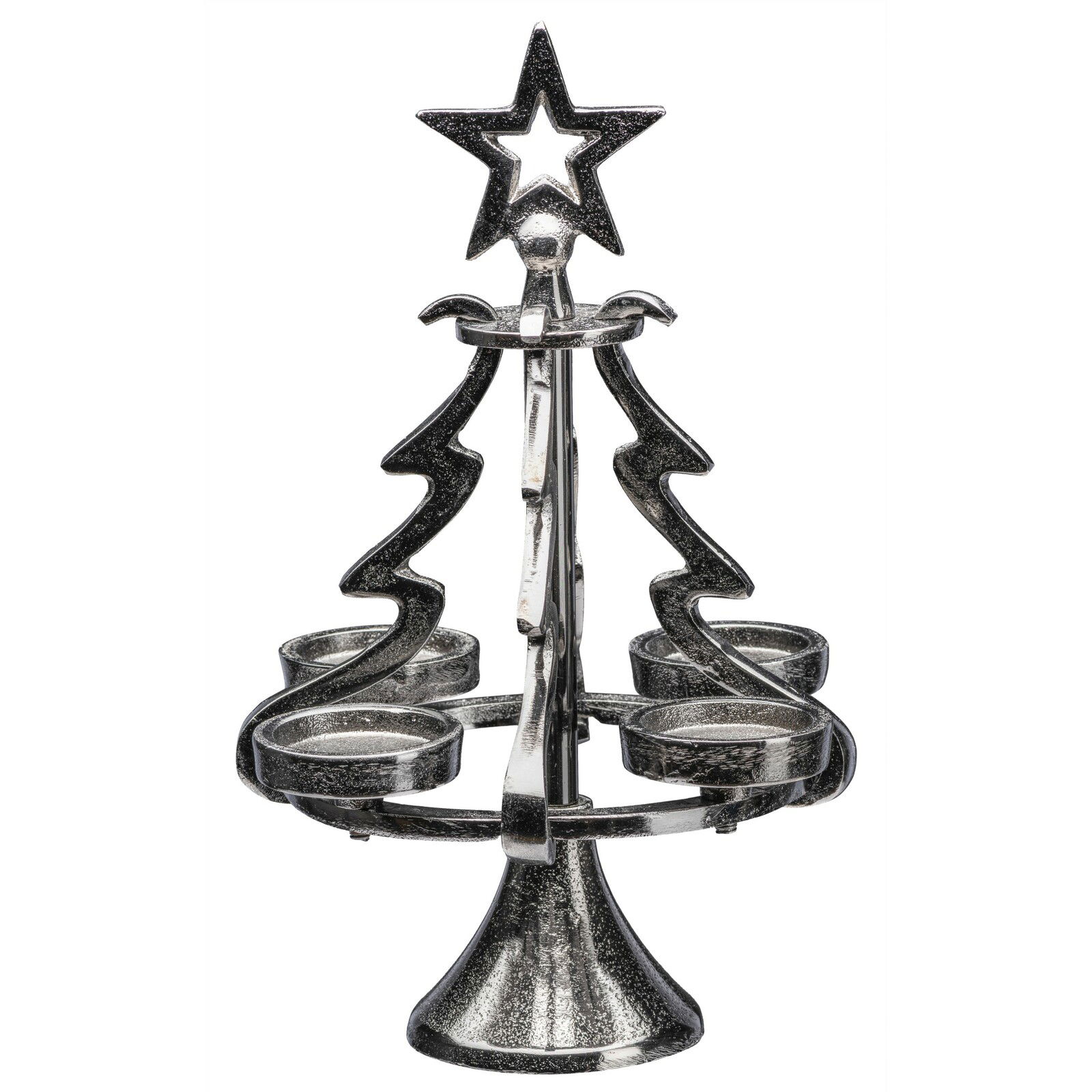 Metallischer Teelichthalter in Form eines Tannenbaums mit Stern an der Spitze, frontal betrachtet.