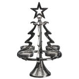 Metallischer Teelichthalter in Form eines Tannenbaums mit Stern an der Spitze, frontal betrachtet.