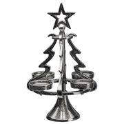 Metallischer Teelichthalter in Form eines Tannenbaums mit Stern an der Spitze, frontal betrachtet.