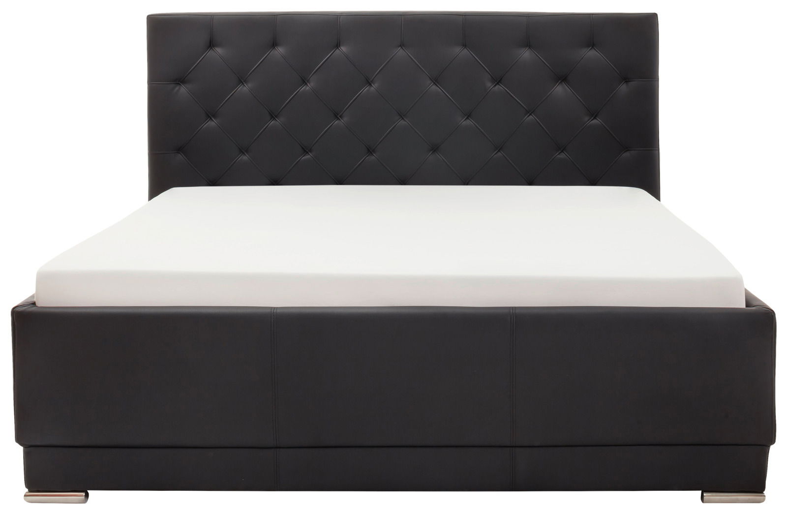 Schwarzes Polsterbett mit gestepptem Kopfteil, Frontalansicht