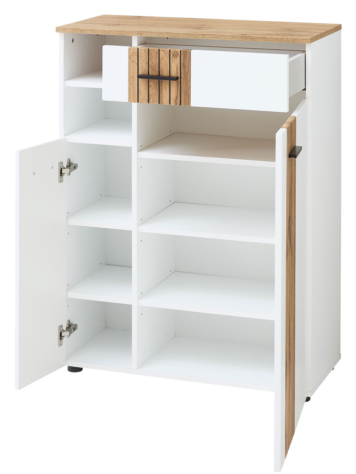 Garderobenschrank mit weißem Korpus, Holzelementen und offener Schublade, frontale Ansicht