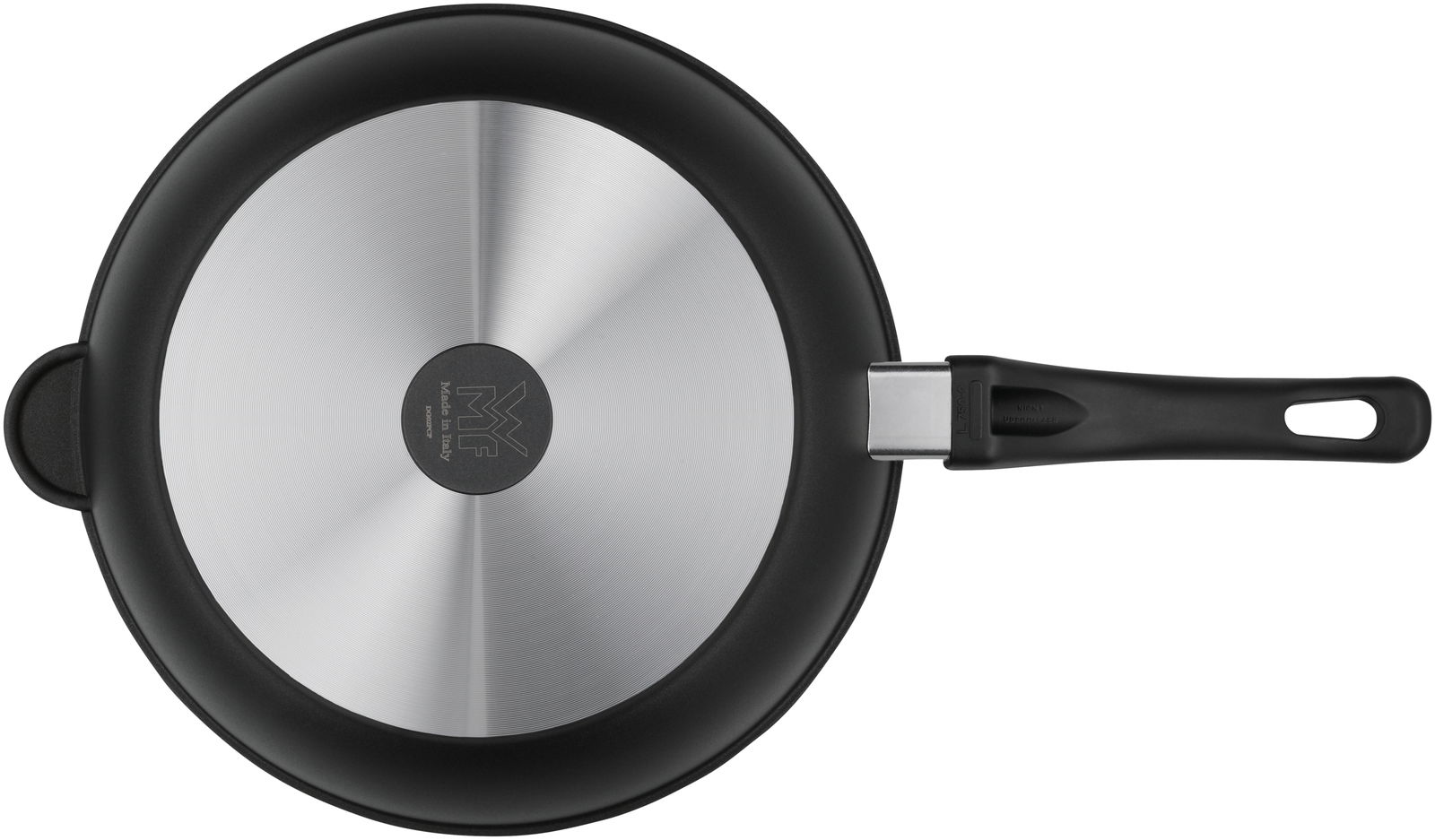 Schmorpfanne 28cm aus der Vogelperspektive mit schwarzem Griff und Edelstahlboden