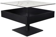 Moderner Couchtisch mit schwarzem Sockel und weißer Marmorplatte, seitliche Perspektive