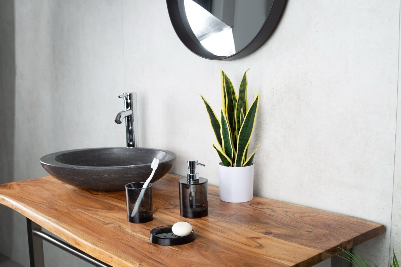 Moderne Badezimmer-Szene mit einer transparenten Seifenschale auf einem Holzwaschtisch, daneben ein Zahnputzbecher, ein Seifenspender und eine Pflanze. Perspektive von vorne.