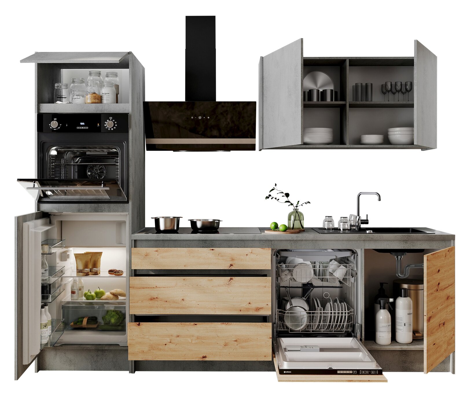 Moderne keukenblok met grijze en houtkleurige elementen, voorzien van een oven, koelkast, vaatwasser en hangkasten. Vooraanzicht.