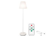LED Bodenlampe in Weiß mit Fernbedienung und USB-Kabel, seitliche Perspektive