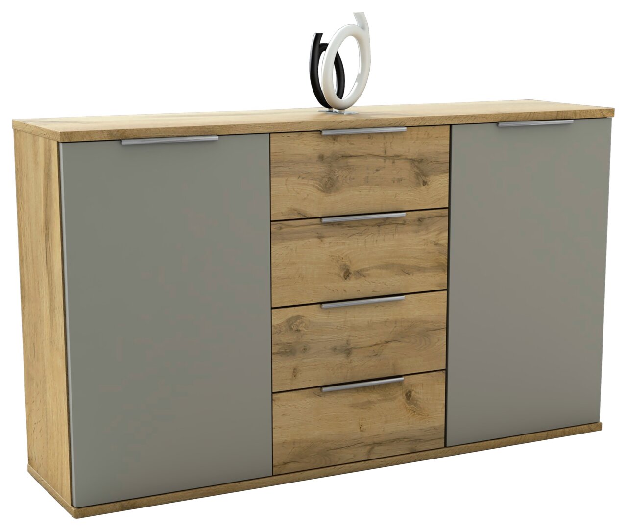 Kommode aus Holz mit zwei grauen Türen und vier Schubladen in der Mitte, dekoriert mit einer modernen Skulptur auf der Oberseite, seitliche Perspektive
