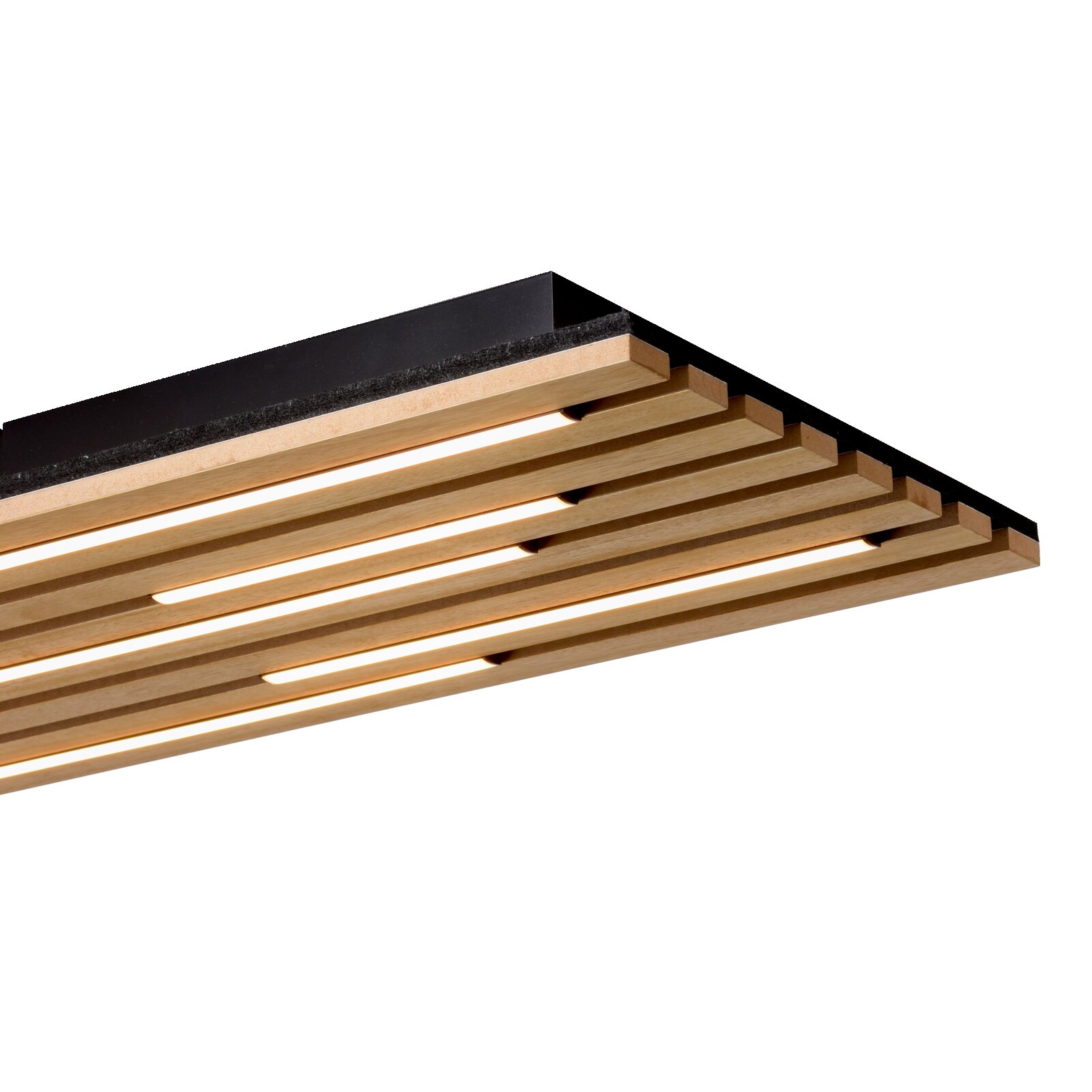 Moderne Deckenleuchte mit Holzlamellen, seitliche Perspektive
