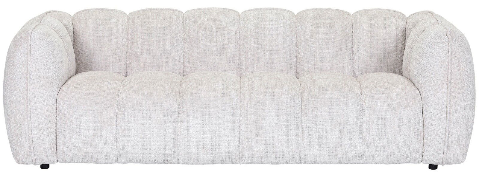 Frontale Ansicht eines großen, beigen Sofas mit abgerundeten Kanten und gepolsterten Sitzflächen.